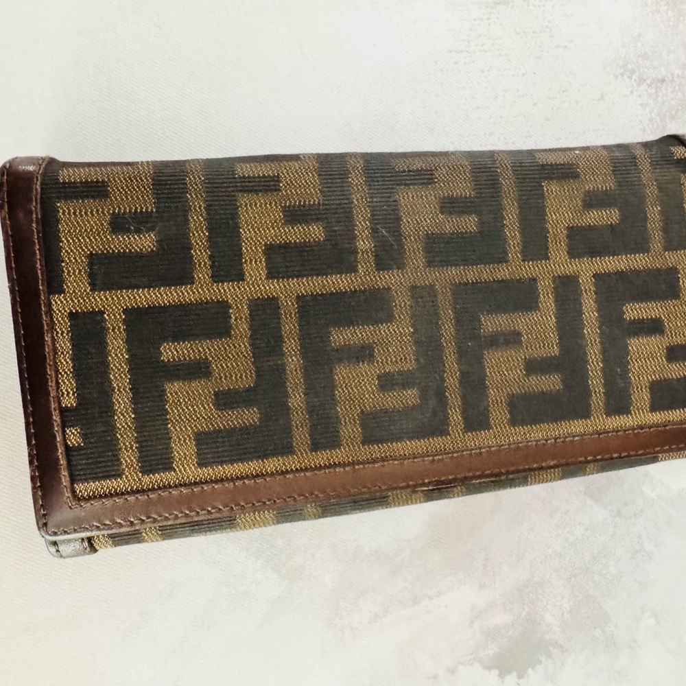 Authentic Vintage Fendi Zucca Mogogram Long Wallet, Canvas & Dark Brown Leather